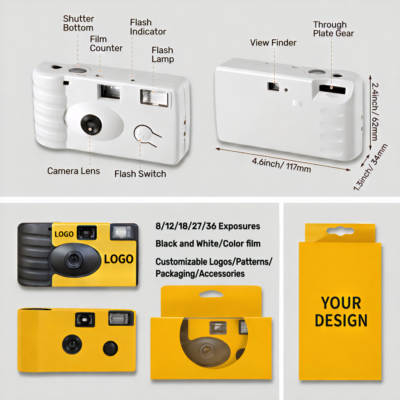 Disposable Camera Bulk Single Use 35mm with Flash for Wedding Travel Camp Camera Body Color, Stickers, and Packaging Can be Customized