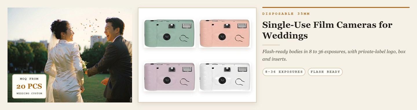 Single-use disposable film cameras for weddings, events and promotional gifts, private label from 20 pieces