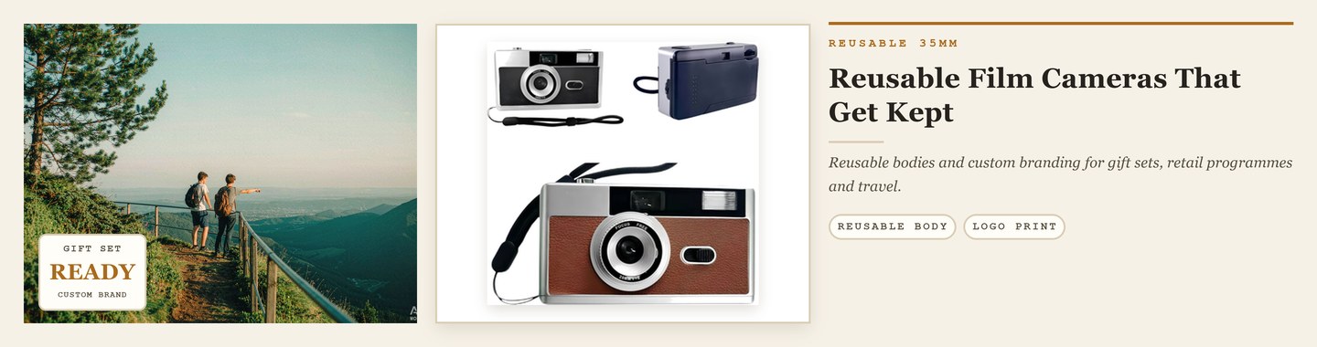 Reusable 35mm film camera bodies with custom branding for gift sets, retail programmes and travel